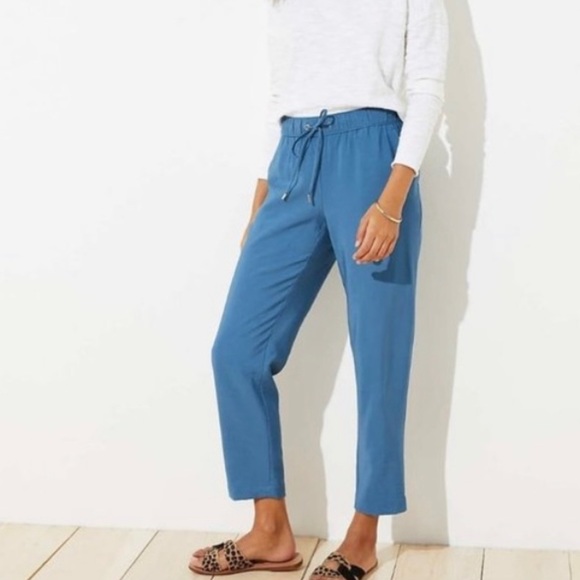 LOFT Pants - Loft NEW Textured Tapered Drawstring Pants Size XS Blue Cropped Ankle Length
